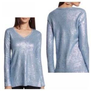 Chico's Women's Metallic Blue V-Neck Pullover Sweater Size 2